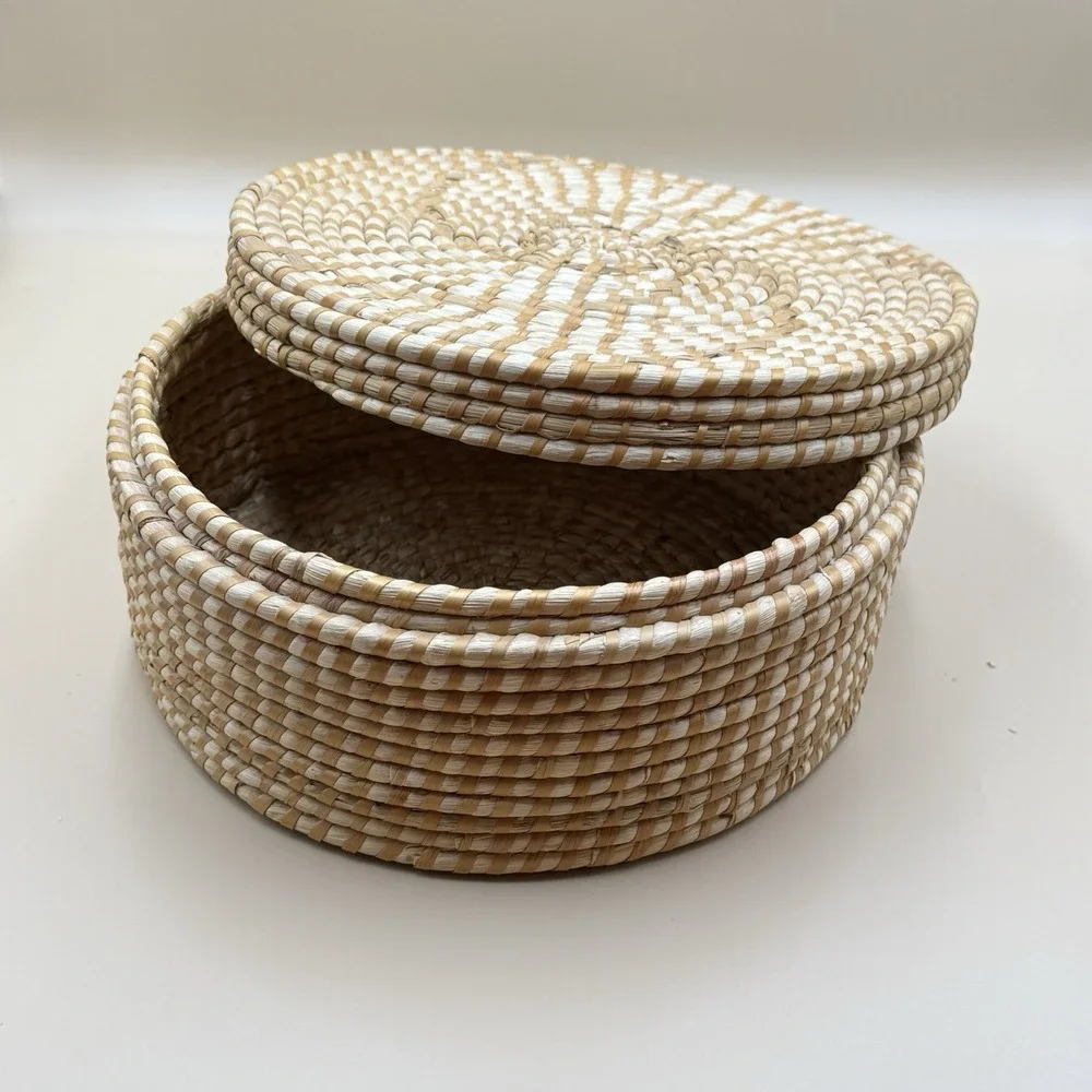Handwoven Lidded Raffia Coil Basket Natural Boho Woven Storage Basket Vintage